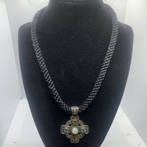 Suarti BA Sterling Silver Cross W/Blue Topaz Green Peridot & Black Rope Cord